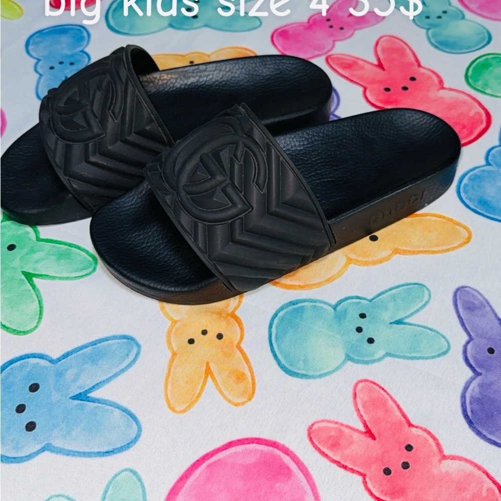 Black Kids Slide Sandals with Chevron Strap